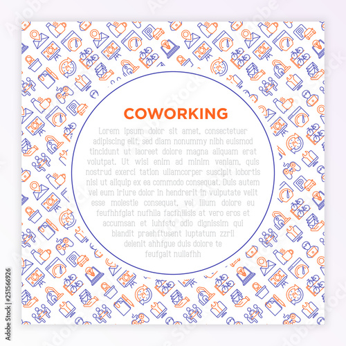 Coworking office concept with thin line icons: workplace, meeting room, conference hall, smart office, parking, 24 hour access, IT support, bike storage, recreation zone. Vector illustration.