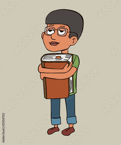 cartoon boy bookworm character hugging big book
