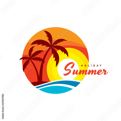 Summer holiday - concept business logo vector illustration in flat style. Tropical paradise creative badge. Palms, island, beach, sunrise, sea wave. Travel web banner or poster. Graphic design element © serkorkin