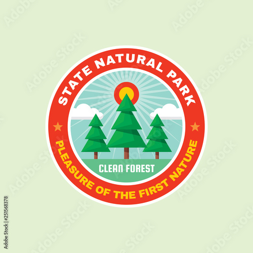 State natural park - concept circle badge in flat design style. Clean forest creative logo. Summer travel graphic symbol. Outdoor explore colored icon. 