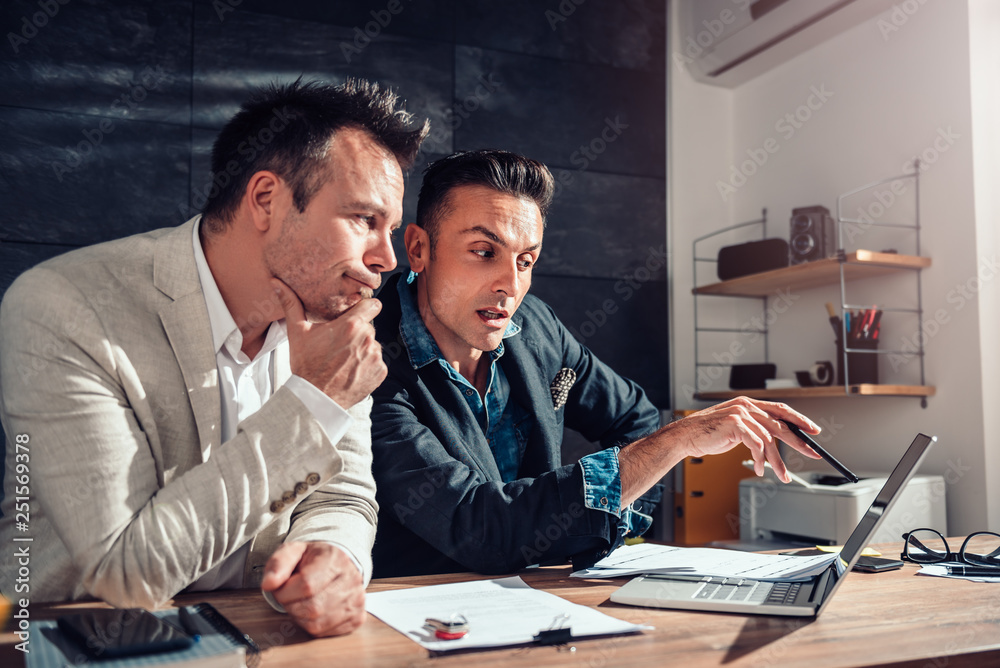Two businessman discussing over the laptop
