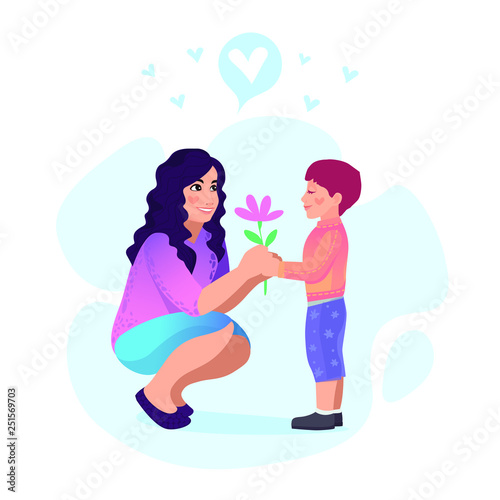 Daughter gives a flower to mom. Vector illustration of a flat design.