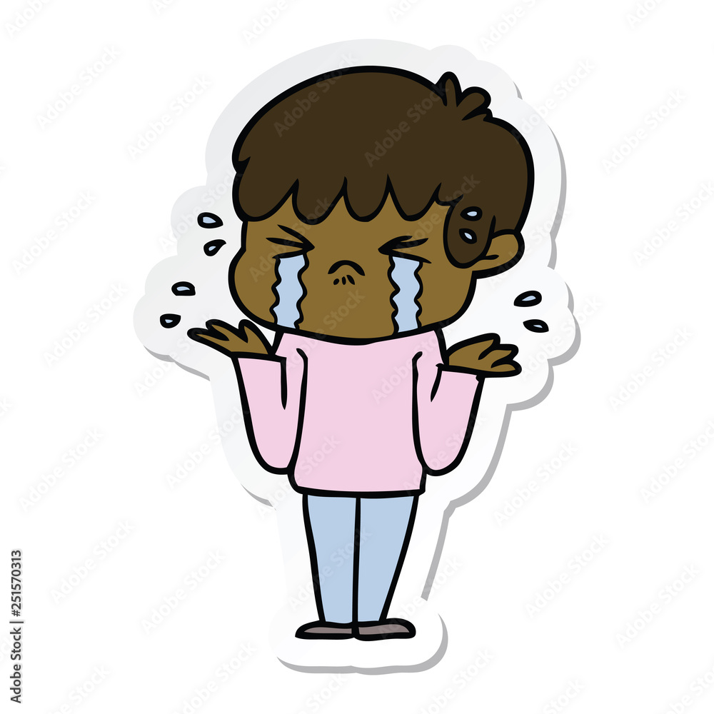 sticker of a cartoon boy crying and shrugging shoulders sticker of a cartoon boy crying and shrugging shoulders