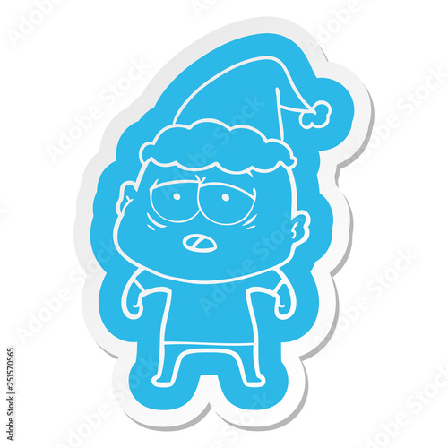 cartoon  sticker of a tired bald man wearing santa hat © lineartestpilot