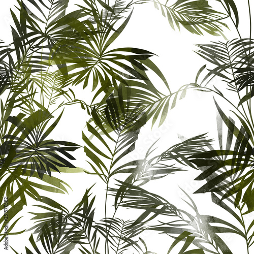 imprints palm leaves mix repeat seamless pattern. digital hand drawn picture with watercolour texture. mixed media