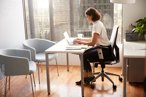 Businesswoman Sitting At Desk Working On Laptop In Modern Office