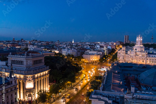 View of the skyline and night traffic on Calle de Alcata, from the roof terrace of Círculo de Bellas Artes, Cultural Arts centre in central Madrid, Spain