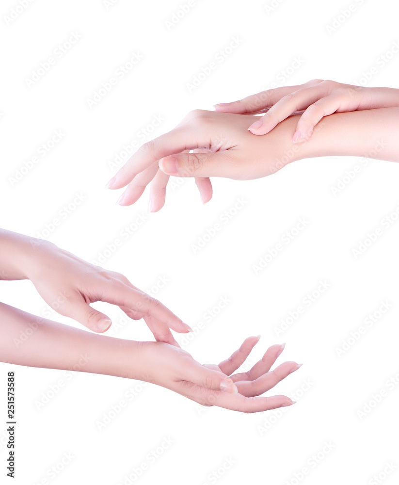 Naklejka premium Beautiful and elegant adult woman empty hands side isolated on white background, concept of applying moisturizing cream, body care, manicure, close up, clipping path