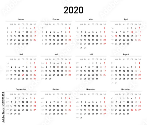 Kalendervorlage 2020, einfach, Querformat, Feiertage Deutschland