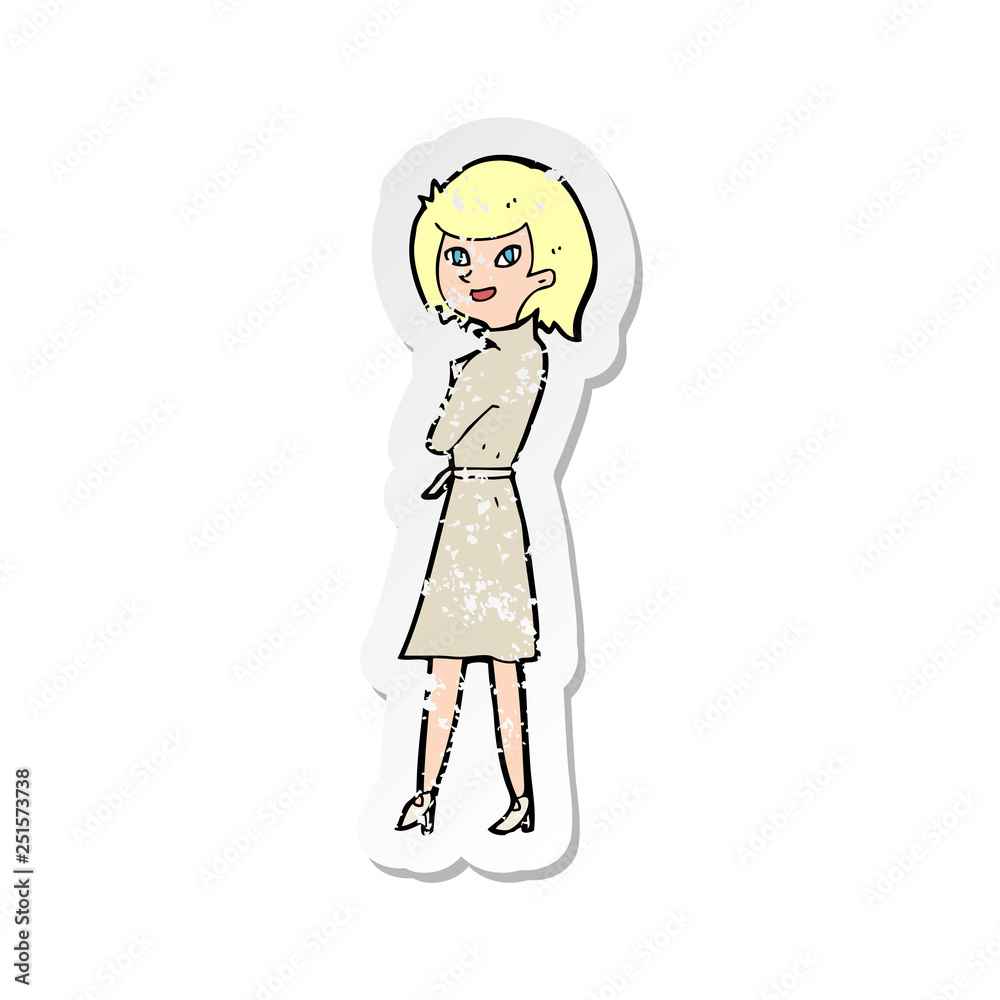 retro distressed sticker of a cartoon woman in trench coat retro distressed sticker of a cartoon woman in trench coat