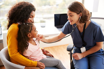 Female Pediatrician Wearing Scrubs Listening To Girls Chest With Stethoscope In Hospital Office