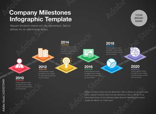 Simple infographic for company milestones timeline template with colorful rhombus and line icons isolated on dark background. Easy to use for your website or presentation.