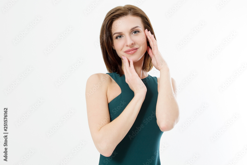 Skin care woman and fashion concept. Young female touching face isolated on white background. Copy space. Make up Skin care woman and fashion concept. Young female touching face isolated on white background. Copy space. Make up