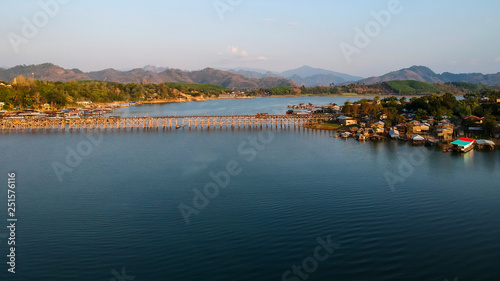 Aerial view of Mon bridge in Kanchanaburi Thailand