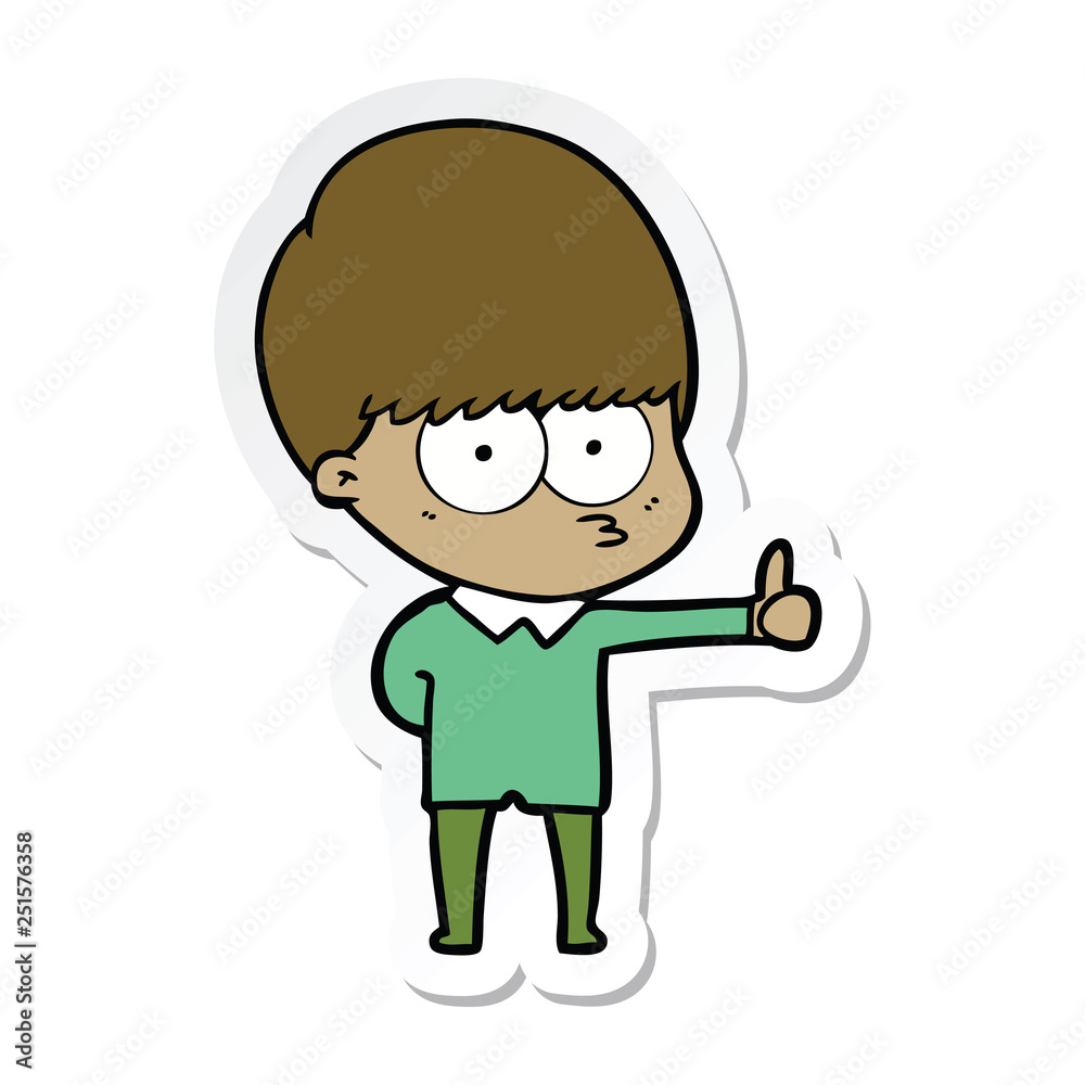 sticker of a curious cartoon boy giving thumbs up sign