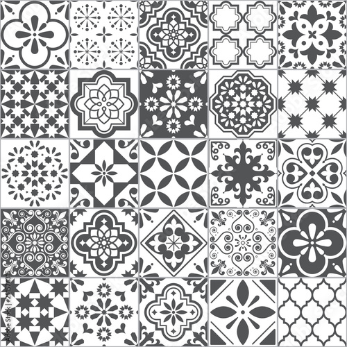 3D Fototapete Badezimmer - Fototapete Lisbon geometric Azulejo tile vector pattern, Portuguese or Spanish retro old tiles mosaic, Mediterranean seamless gray and white design 	