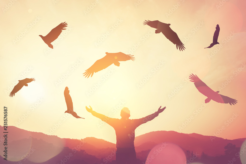 Naklejka Człowiek podnieść rękę na szczycie góry i zachód słońca niebo z orłem ptaki latają streszczenie tło.