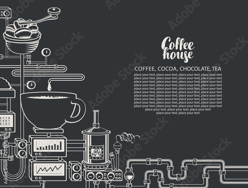 Vector banner on coffee theme with a cup of freshly brewed coffee, plant with conveyor coffee production, inscription Coffee House and place for text in retro style. Drawing chalk on the blackboard