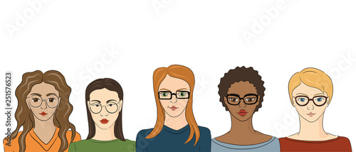 cute young women of different ethnies wearing eyeglasses