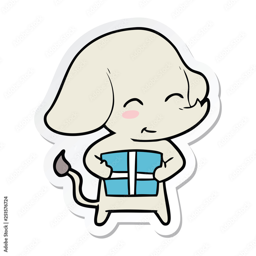 sticker of a cute cartoon elephant with gift sticker of a cute cartoon elephant with gift