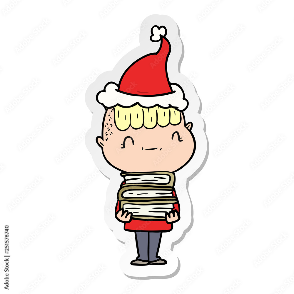 sticker cartoon of a friendly boy with books wearing santa hat sticker cartoon of a friendly boy with books wearing santa hat