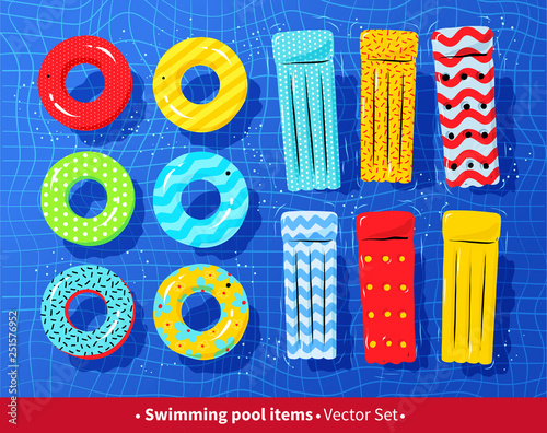 Collection of pool rafts and rubber rings