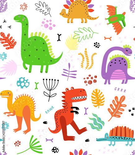Seamless pattern with dinosaurs and flowers