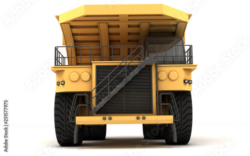 Huge empty mining dump truck isolated on white background. Front view. Low angle. 3d illustration.