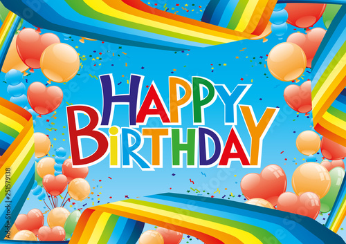 Birthday party banner with rainbow and balloons.