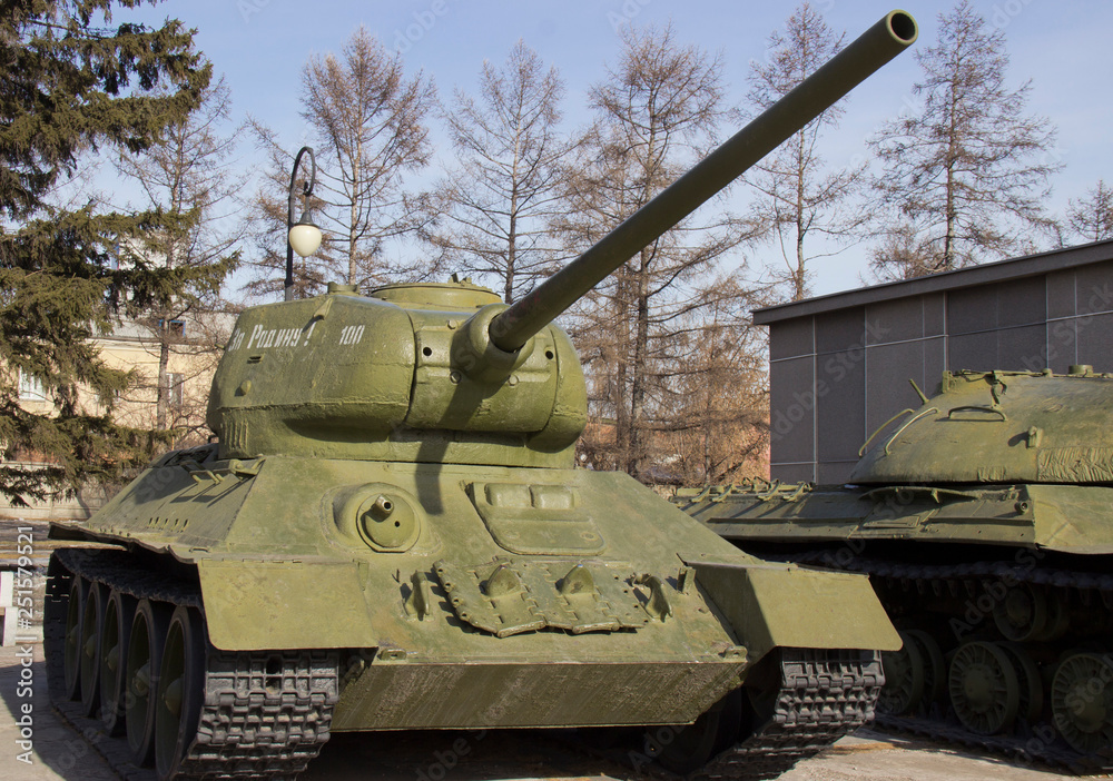 Fototapeta premium Russia, Krasnoyarsk, February 2019: The Victory Park. Samples of military equipment of the great Patriotic war.