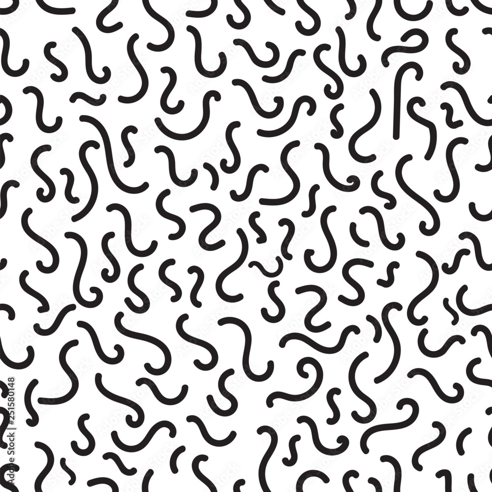 Vector of seamless pattern with abstract squiggles, Memphis style, black and white