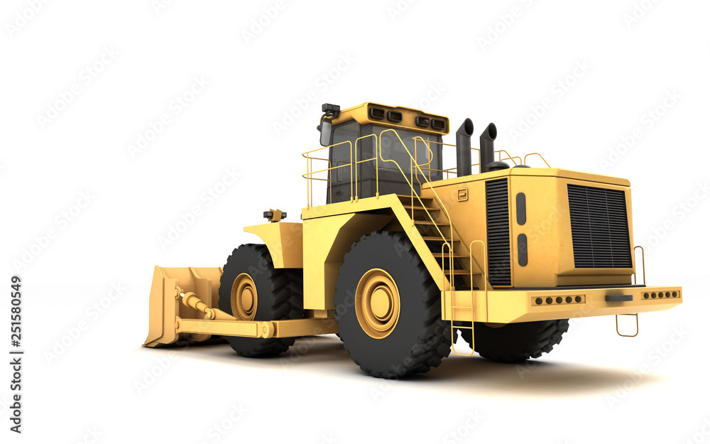 Powerful yellow hydraulic wheel bulldozer isolated on white. 3D illustration. Perspective. Low angle. Rear side view. Left side.