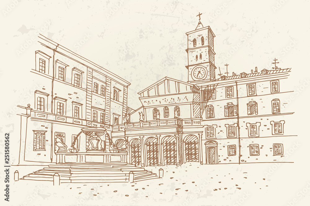 vector sketch of The Basilica of Santa Maria in Trastevere, Rome, Italy.