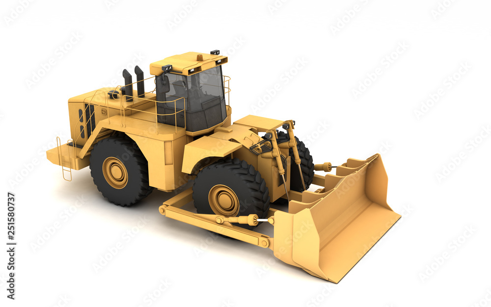 Fototapeta premium High angle view on powerful yellow hydraulic wheel bulldozer isolated on white. 3D illustration. Isometric. Perspective. Front side view. Right side.