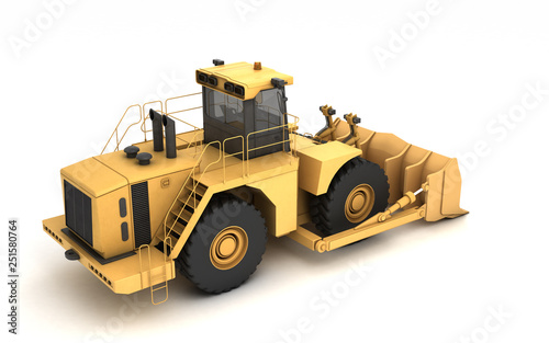 High angle view on powerful yellow hydraulic wheel bulldozer isolated on white. 3D illustration. Isometric. Perspective. Rear view. Right side.
