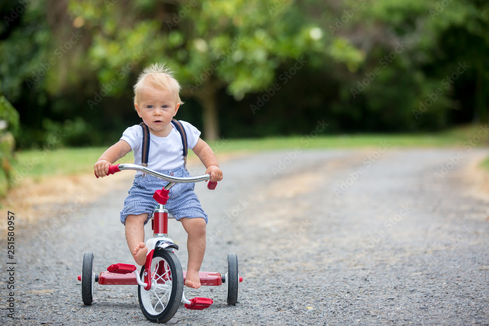 Cute toddler boy, playing with tricycle in backyard Cute toddler boy, playing with tricycle in backyard