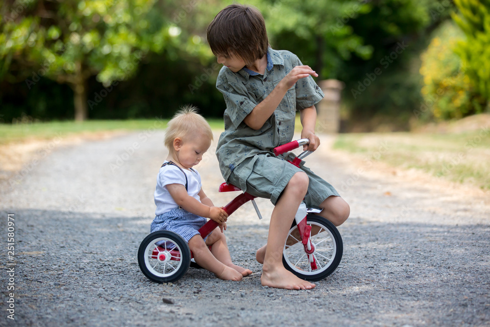 Cute toddler boy and his older brother, playing with tricycle in backyard Cute toddler boy and his older brother, playing with tricycle in backyard