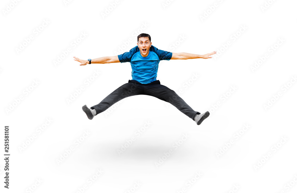 Funny man jumping in sportswear isolated on white