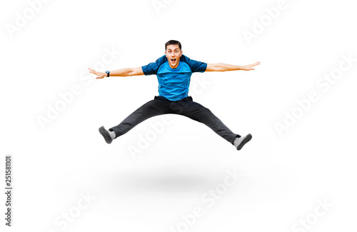 Funny man jumping in sportswear isolated on white