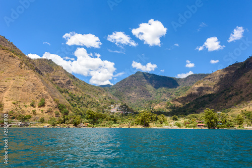 Shore of Santa Cruz la Laguna at Lake Atitlan in vulcano landscape of Guatemala