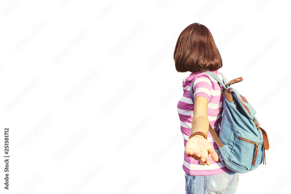 Follow traveler girl with backpack isolated on white background Follow traveler girl with backpack isolated on white background