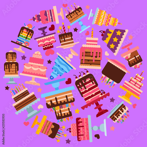 Cake shop round round pattern vector illustration. Chocolate and fruity desserts for sweet cake shop with cupcakes, cakes, pudding, biscuits, whipped cream, glaze and sprinkles, candles.