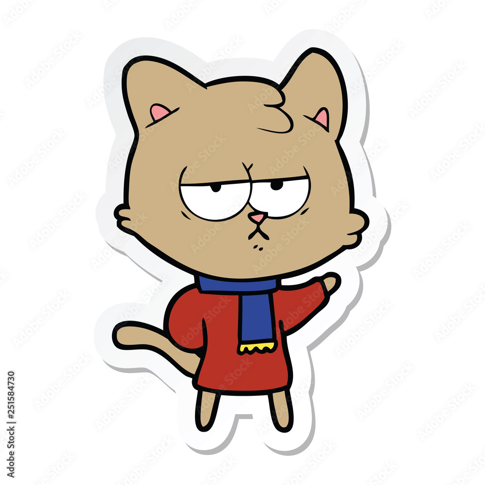 sticker of a bored cartoon cat in winter clothes sticker of a bored cartoon cat in winter clothes