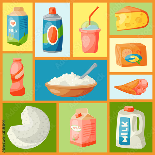 Dairy products or milk set vector illustration. Fresh, quality, organic food seamless pattern. Great taste and nutritional value. Milk, cheese, yogurt, cottage cheese, sour cream.