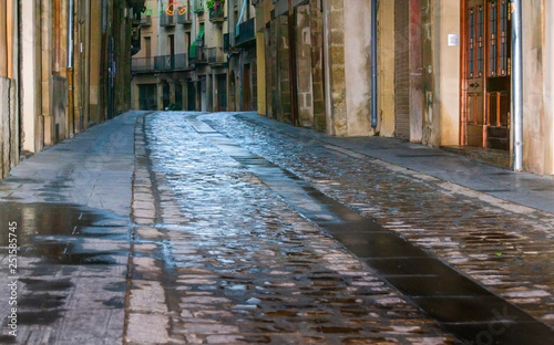 Callejuela solitaria mojada por la niebla.