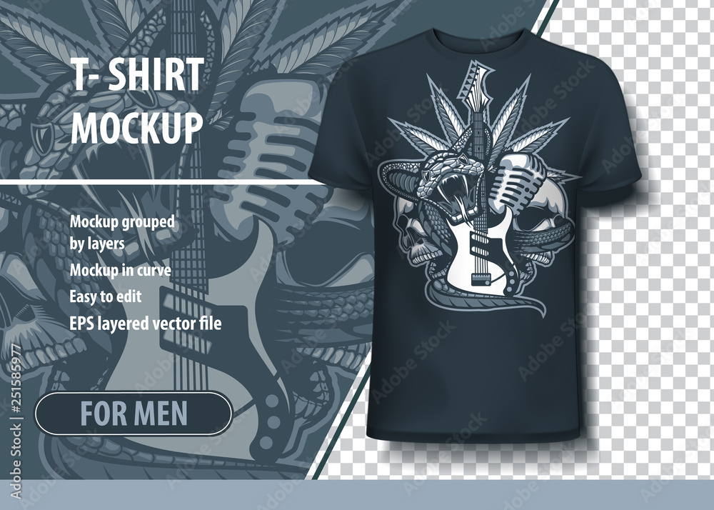 Obraz premium Snake wrapped guitar with skulls and a microphone behind. Fully editable T-Shirt template.