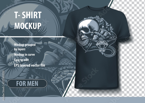 Viper, Skull and Tattoo machines. Fully editable T-Shirt template.