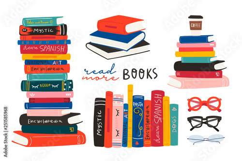 World book day. Stack of books, glasses, vertical books and coffee isolated on a white background. Set of hand drawn educational vector illustrations. Every illustration is isolated