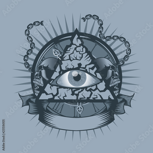 Vintage all seeing Eye in Triangle with watches and Skulls behind. Monochrome tattoo style.