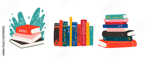 World book day. Various books. Stack of books, books standing vertical isolated on a white background. Set of three hand drawn educational vector illustrations. Every illustration is isolated photo